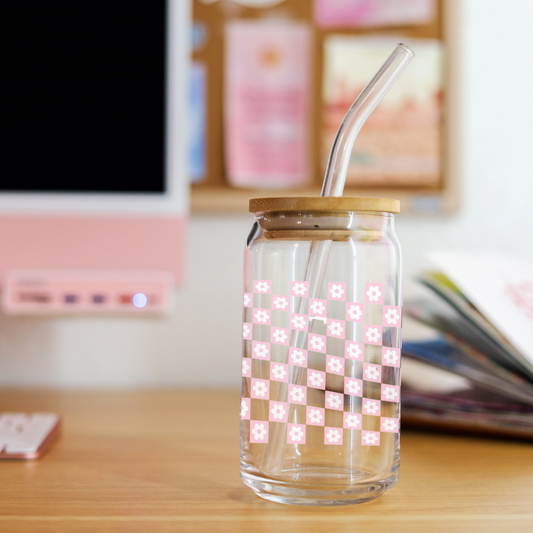 Pink Checker Glass Cup