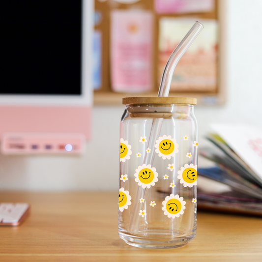 Daisy Smiley Face Glass Cup