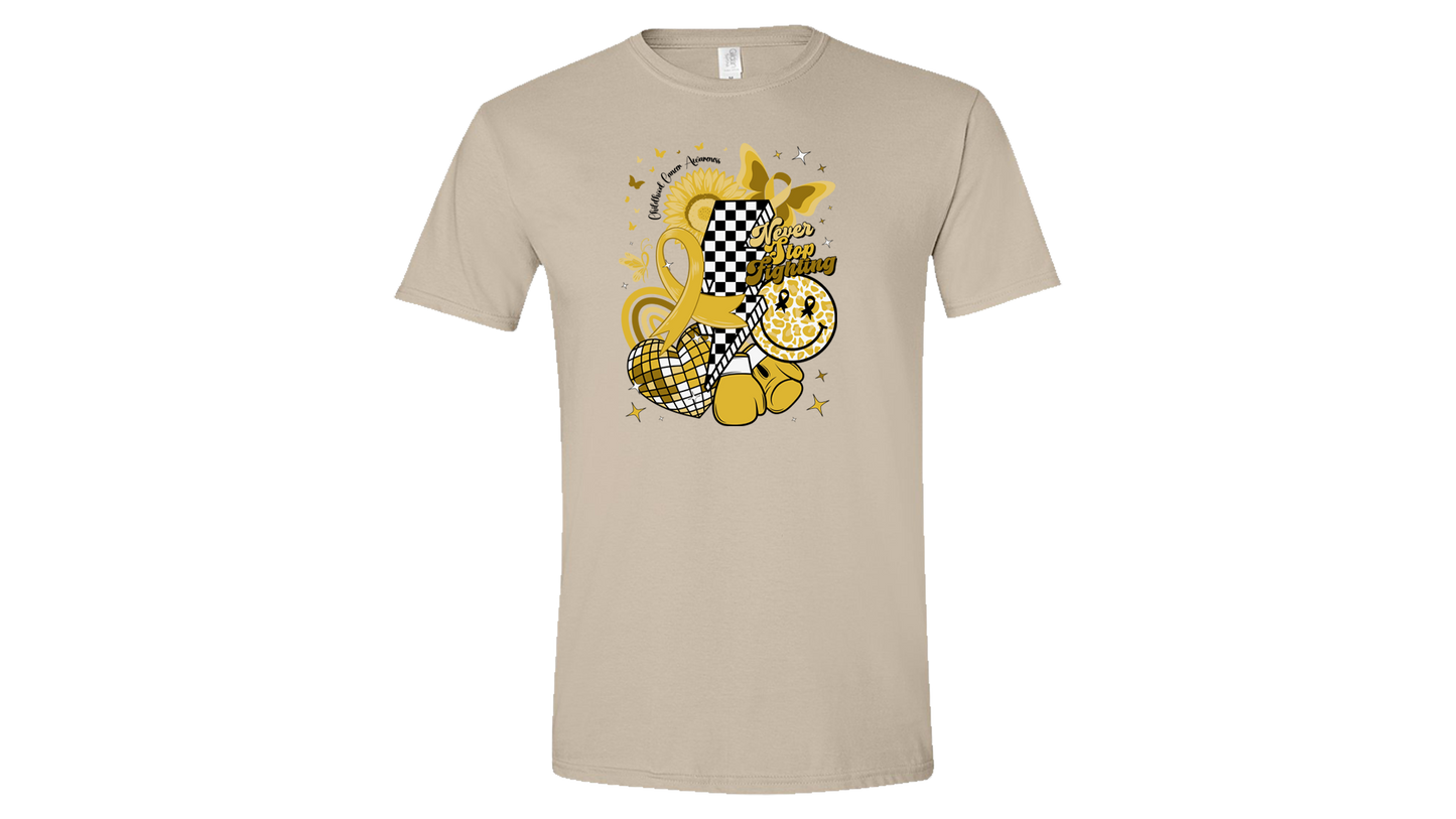 "Never Stop Fighting" Retro Childhood Cancer Awareness T-Shirt